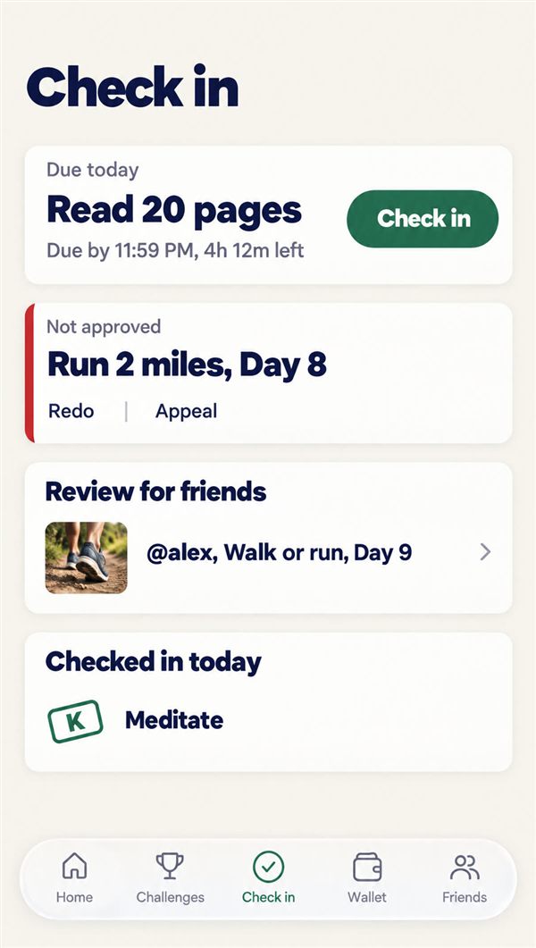 Kept’s Check in tab: today’s check-in, a day that wasn’t approved with Redo and Appeal, and a friend’s check-in to review.