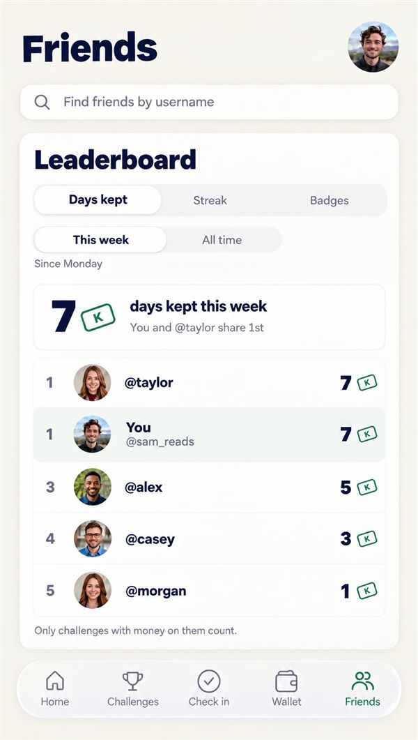 The friends leaderboard: days kept this week.