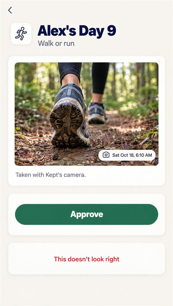 A friend’s check-in to review: a time-stamped photo from Kept’s camera, with Approve and This doesn’t look right.
