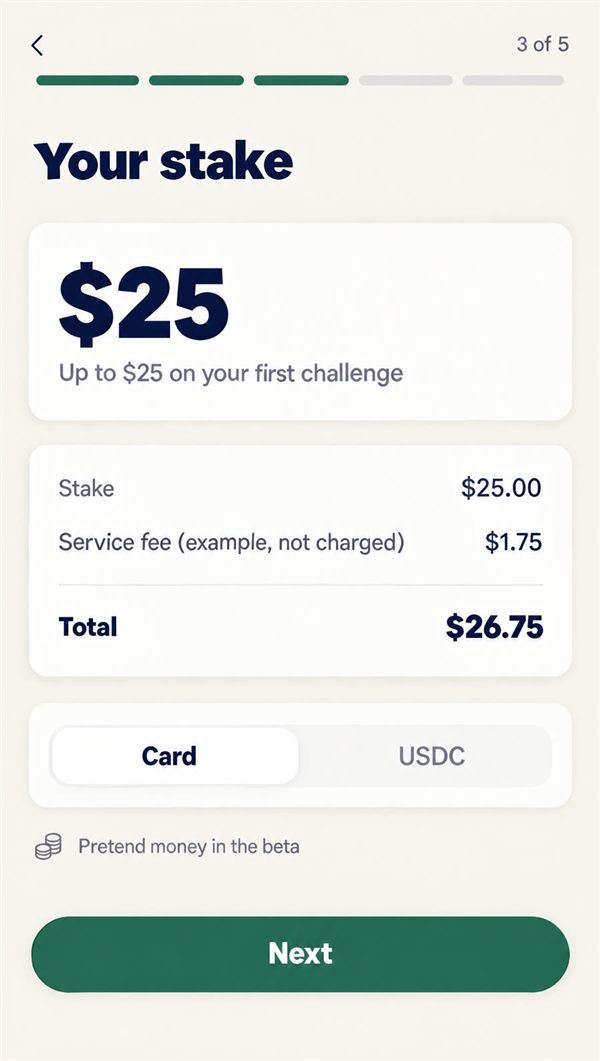 Kept’s stake screen: a $25 stake, a $1.75 fee and $26.75 in total, in pretend money.